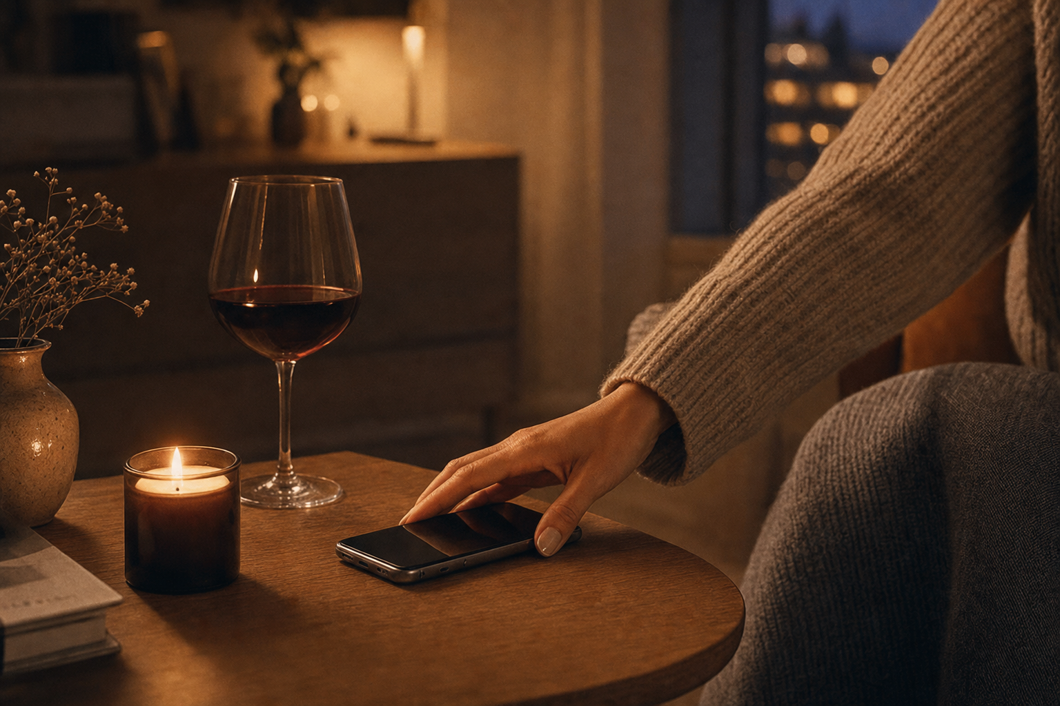 En hånd lægger en smartphone med skærmen nedad på et bord ved siden af et stearinlys og et glas rødvin